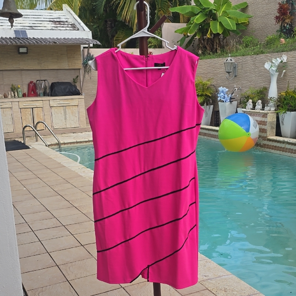 Elegant Pink Sleeveless Dress with Black Stripes Brand NEW
